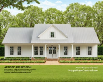 Farmhouse Barndominium - 60' x 57' House Plan Design - 3 Bed 3.5 Bath Office 1980 SF - Drawings Blueprints