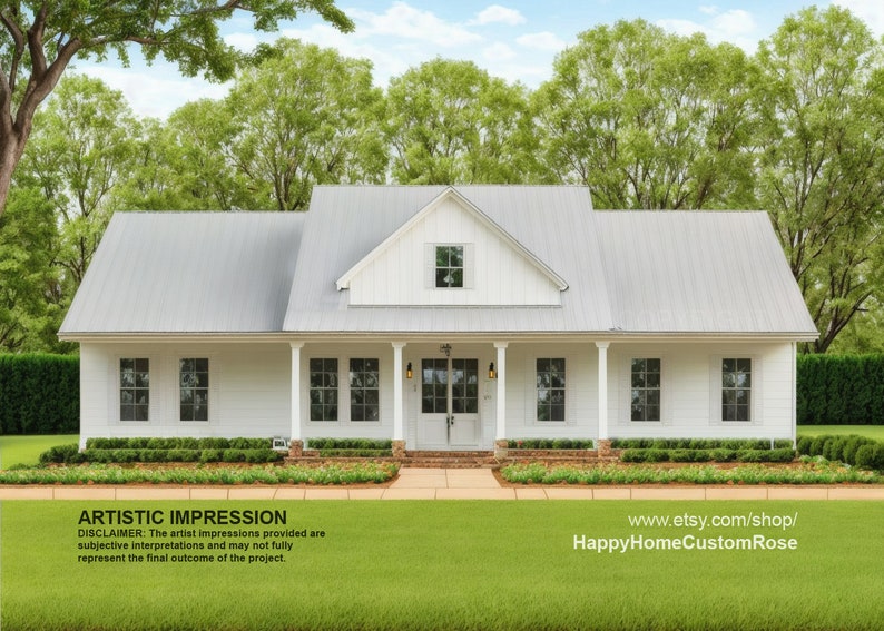May include: A white farmhouse with a metal roof, a front porch, and a large yard with green grass. The house has a white door and windows. The yard is surrounded by trees.