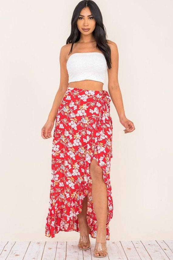 Ma Cherie Floral High Ruffle Slit Maxi Skirt | Etsy