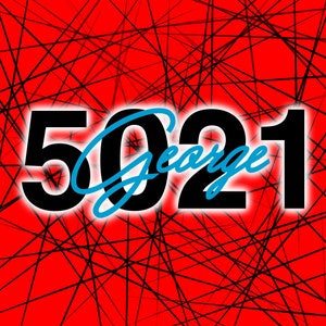 Puede incluir: Número 5021 en blanco y negro con una firma azul que dice "George" sobre un fondo rojo con líneas negras.