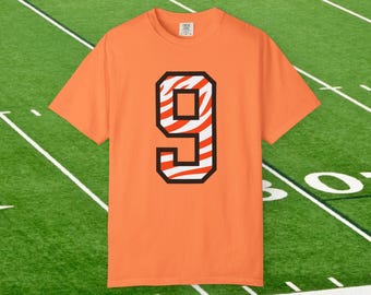 Joe Burrow #9 Orange and White Tiger Striped Comfort Colors Tshirt