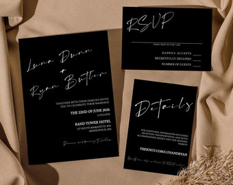 Black Minimalist Wedding Invitation Suite Template | Customizable Color Digital Download | Personalized Modern Wedding Invite | DIY | Luna