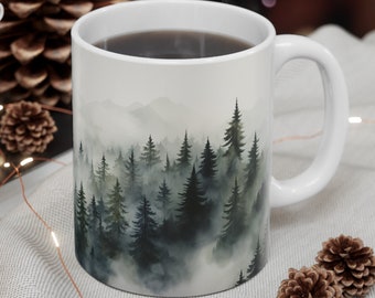 Foggy Forest Watercolor Mug | White Ceramic | Nature | Outdoors | Coffee | Tea | Great Gift