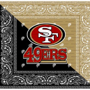May include: A square bandana featuring a split black and gold background with a white paisley border. The center displays the San Francisco 49ers logo in red, gold, and white, with the text 49ERS in red and gold lettering positioned below the logo.