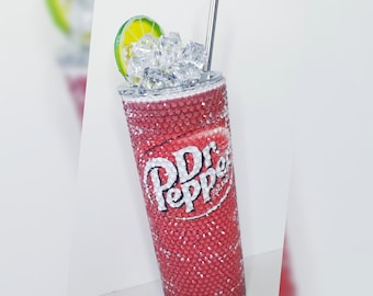 Stainless Steel Tumbler, 20oz skinny, Dr Pepper inspired, rhinestones, gift, spout lid, straw, sublimation, design, ice, lemon