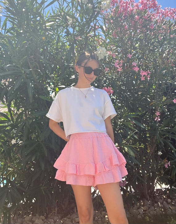 Jupe Short a Volant Rose Clair En Gaze De Coton Taille Unique Vetements Femme fille Etsy