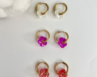 Boucles d'oreilles créoles acier inoxydable avec fleurs en résine, bijoux femme/fille, cadeau femme