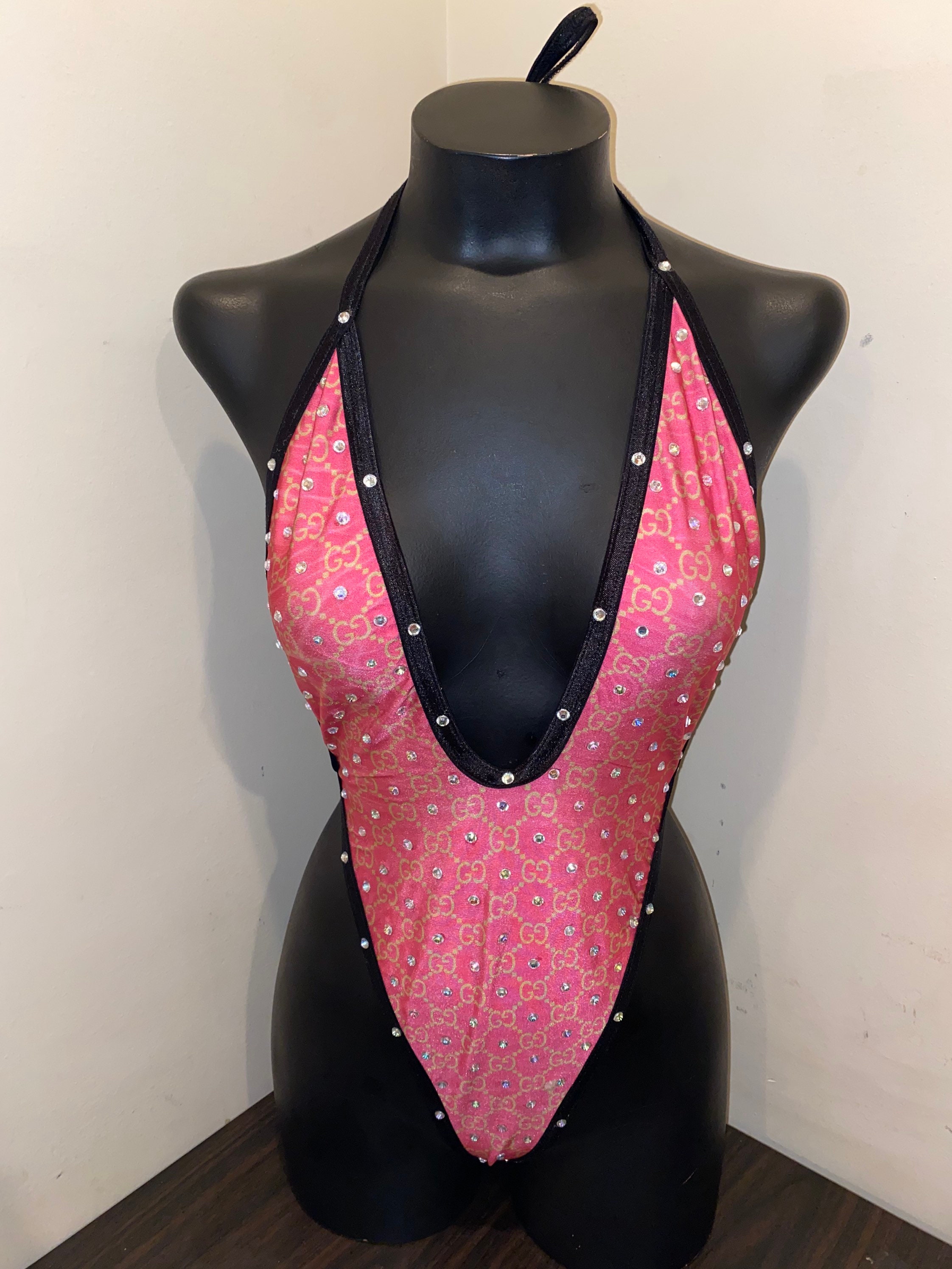 Pink w/ black Exotic dance wear 1pc outfit. Etsy