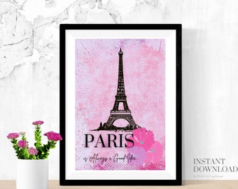 Väggkonsttryck i Paris, Eiffeltornets tryck, Paristryck, Rosa tryck, Väggkonst i Paris Frankrike, Blomtryck, Resepresent, Utskrivbar konst i Paris