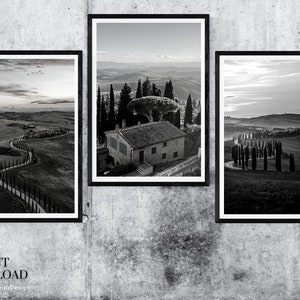 Tuscany Print, Set of 3 Prints, Tuscany Italy Print, Tuscany Wall Art, Printable Wall Art Black and White, Tuscany Landscape Print Set