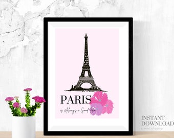 Väggkonsttryck i Paris, Eiffeltornets tryck, Paristryck, Rosa tryck, Väggkonst i Paris Frankrike, Stor väggkonst, Resepresent, Utskrivbar konst i Paris