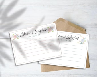 May include: Two white Advice & Wishes cards for the bride with floral accents and lined spaces for writing. The cards are on a brown envelope, with the text "Advice & Wishes FOR THE BRIDE".