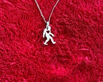 Bigfoot / Sasquatch Stainless Steel Charm Pendant with open HEART on 925 sterling silver Italy link Cuban roll cross chain 18"