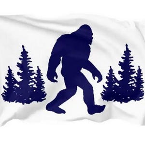 Sasquatch, Bigfoot Walking with pine trees 100% Polyester Double Sided Flag