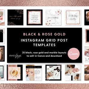 Marble, black and rose gold - Instagram grid post templates for Canva - Instagram Posts - Editable in Canva