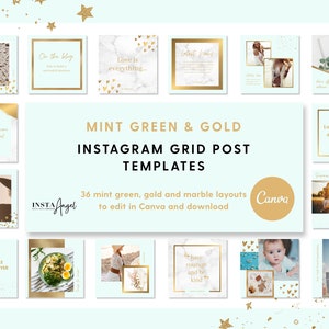 Mint green, blue, marble and gold - Instagram grid post templates to edit Canva - Instagram Posts - Editable Canva templates