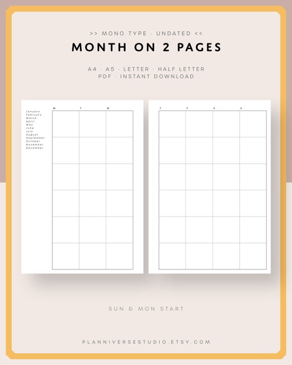 Month on 2 Pages Inserts Undated Printable Monthly Planner Simple Calendar  for Minimalist A4, A5, Letter, Half Instant Download - Etsy