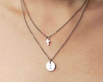 Personalisierte Anfangskreuz 2 in 1 Kettenhalskette-Gewohner Schmuck