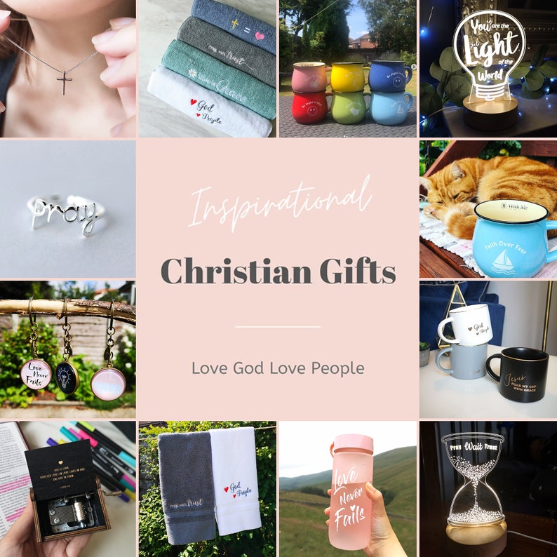 May include: A collage of inspirational Christian gifts, including a necklace with a cross pendant, a ring with the word "pray", a set of towels with Christian-themed embroidery, a set of mugs with Christian sayings, a light-up sign with the words "You are the light of the world", a water bottle with the words "Love Never Fails", and an hourglass with the words "Press Wait Trust".