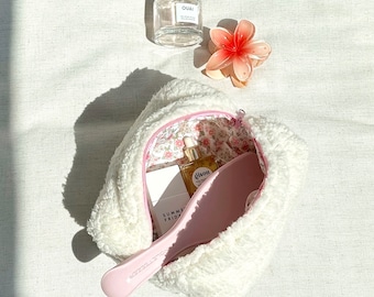 Makeup Bag - Terrycloth Towelling Cosmetics Bag - Cream Teddy Pink Floral - Toiletry Travel Bag - Sherpa Soft