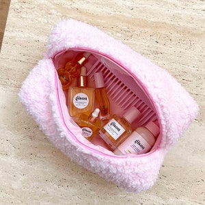 Make-uptas - badstof badstof make-uptas - roze zacht teddy - toilettas reistas - sherpa soft - machinewasbaar