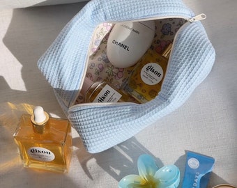 Make Up Bag - Waffle Knit Cosmetics Bag - Blue - Toiletry Bag - Travel Bag