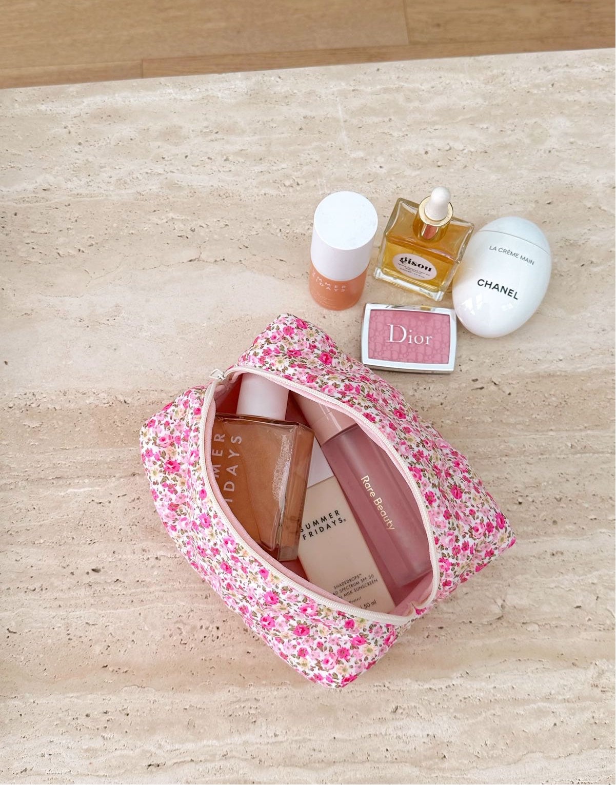 Makeup Bag Quilted Cosmetics Bag Dark Pink Beige Floral -  Israel