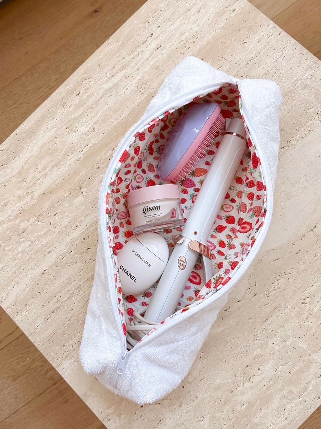 Hair Tool Bag White Teddy Strawberries Quilted Makeup Bag 
