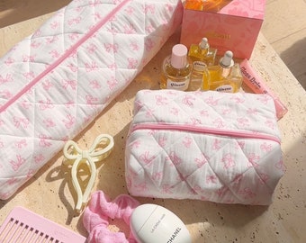 Makeup Bag - Quilted Cosmetics Bag - Bow Coquette - Toiletry Travel Bag