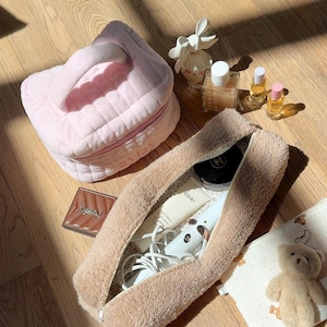 Hairtool/Dyson Bag Camel Brown Soft Teddy Sherpa - Quilted Makeup Travel Bag - Machine Washable