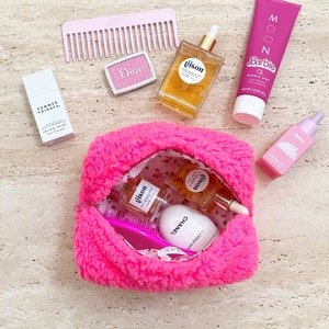 Make-uptas - badstof badstof make-uptas - neonroze teddy bloemen - toilettas reistas - sherpa soft - machinewasbaar