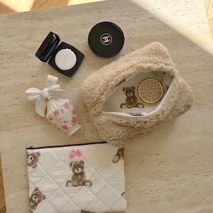 Make-uptas - badstof badstof make-uptas - kameelbruin bruin zachte teddybeer - toilettas reistas - sherpa soft - machinewasbaar