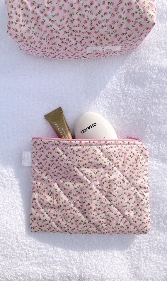 Makeup Pouch Small Quilted Purse Bag Pink Floral 