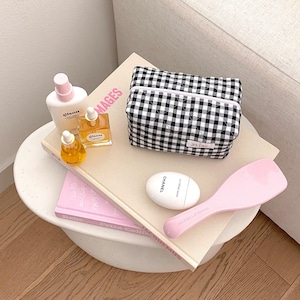 Makeup Bag - Quilted Cosmetics Bag - Black Gingham - Toiletry Travel Bag - Machine Washable