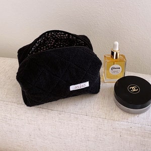 Makeup Bag - Terrycloth Towelling Quilted Cosmetics Bag - Teddy Black - Toiletry Travel Bag