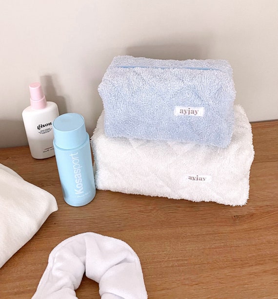 Makeup Bag Terrycloth Towelling Quilted Cosmetics Bag Teddy Baby Blue  Toiletry Travel Bag 