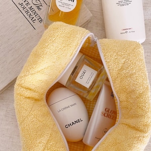 Makeup Bag - Terrycloth Towelling Quilted Cosmetics Bag - Teddy Yellow - Toiletry Travel Bag - Machine Washable