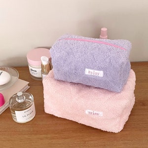 Makeup Bag Terrycloth Towelling Quilted Cosmetics Bag Teddy Pink