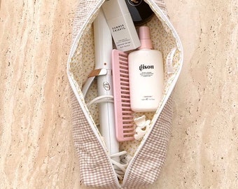 Hairtool/Dyson Bag Beige Gingham Gelb Floral - Gesteppte Make-up Reisetasche