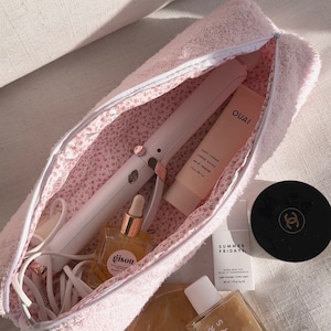 Borsa per Hairtool/Dyson Bag Baby Pink Teddy Floral - Borsa da viaggio trapuntata per il trucco - Lavabile in lavatrice