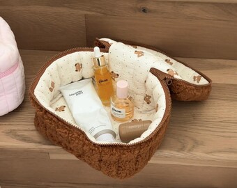 Süße Gesteppte Baumwoll-Make-up-Tasche Mit Bärenmuster – Große Kosmetiktasche Für Reise & Alltag, Beige