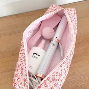 Hair Tool Bag Baby Pink Teddy Quilted Makeup Bag 