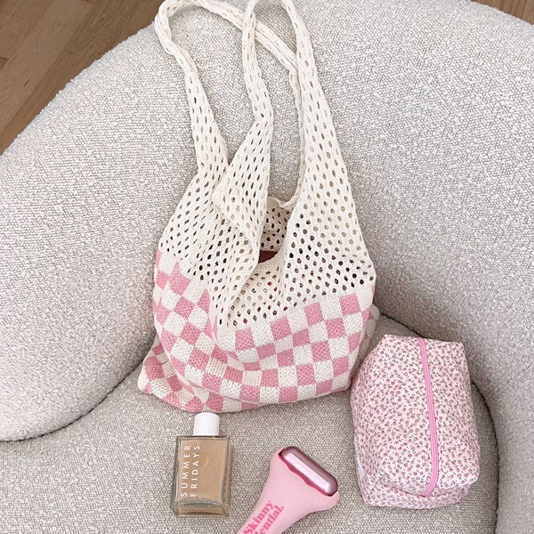 Tote Bag Crochet - Cream & Pink Gingham - Beach Bag