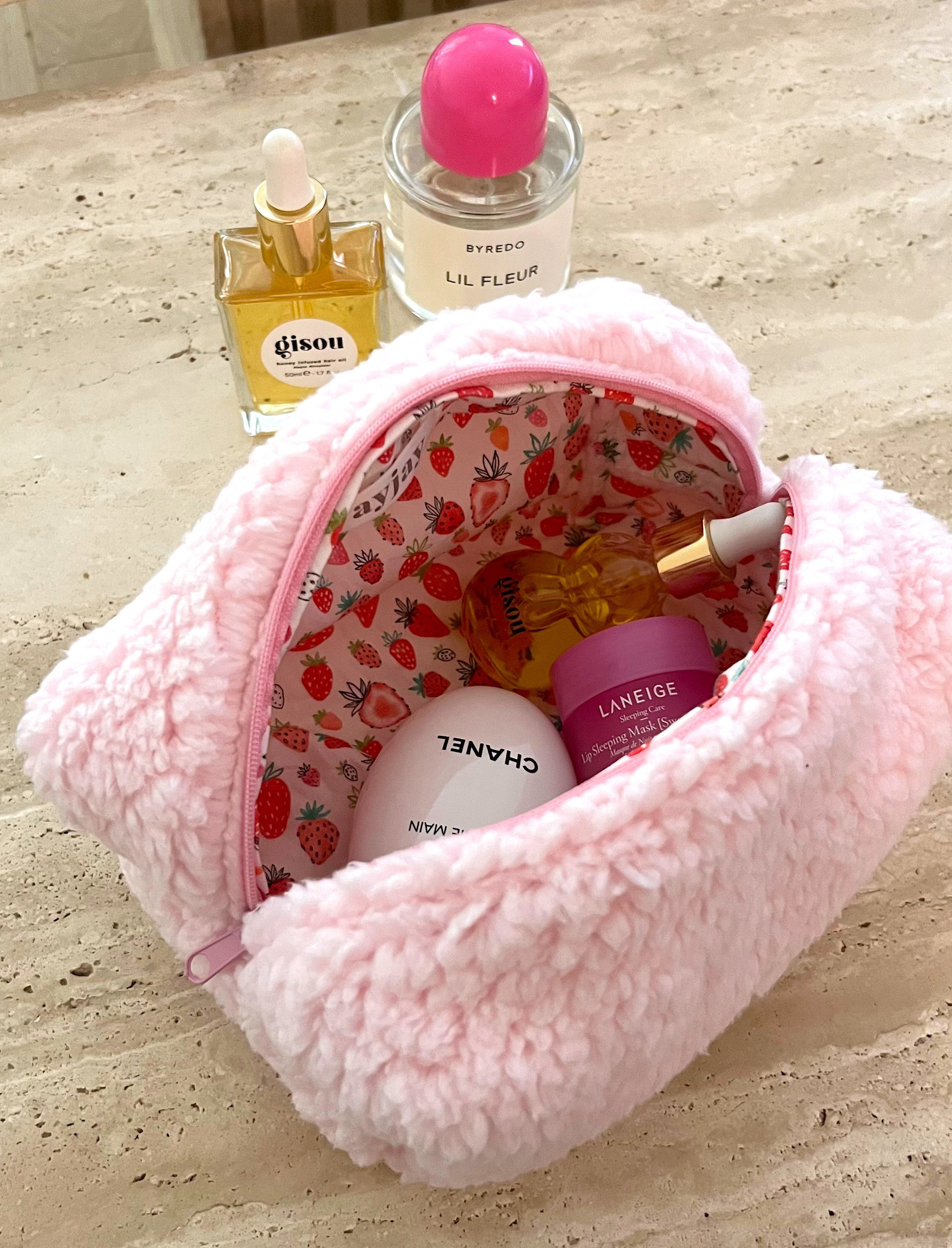 Makeup Bag - Terrycloth Towelling Cosmetics Bag - Pink Soft Teddy  Strawberries - Toiletry Travel Bag - Sherpa Soft