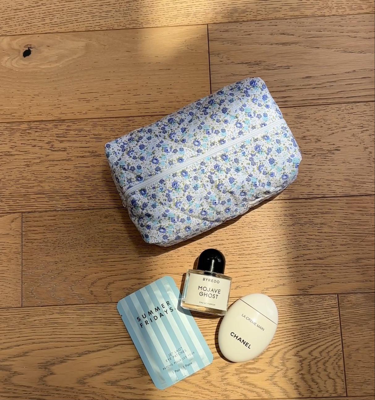 Makeup Bag - Quilted Cosmetics Bag - Blue & Green Floral - Toiletry Travel Bag - Machine Washable