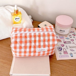 Makeup Bag - Quilted Cosmetics Bag - Orange Gingham - Toiletry Travel Bag - Machine Washable
