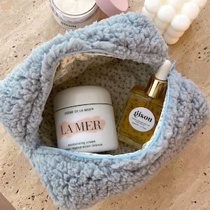 Makeup Bag - Terrycloth Towelling Cosmetics Bag - Blue Teddy Floral - Toiletry Travel Bag - Sherpa Soft - Machine Washable
