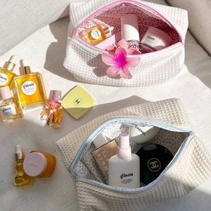 Makeup Bag - Cosmetics Bag - Beige Waffle Knit - Toiletry Travel Bag - Machine Washable