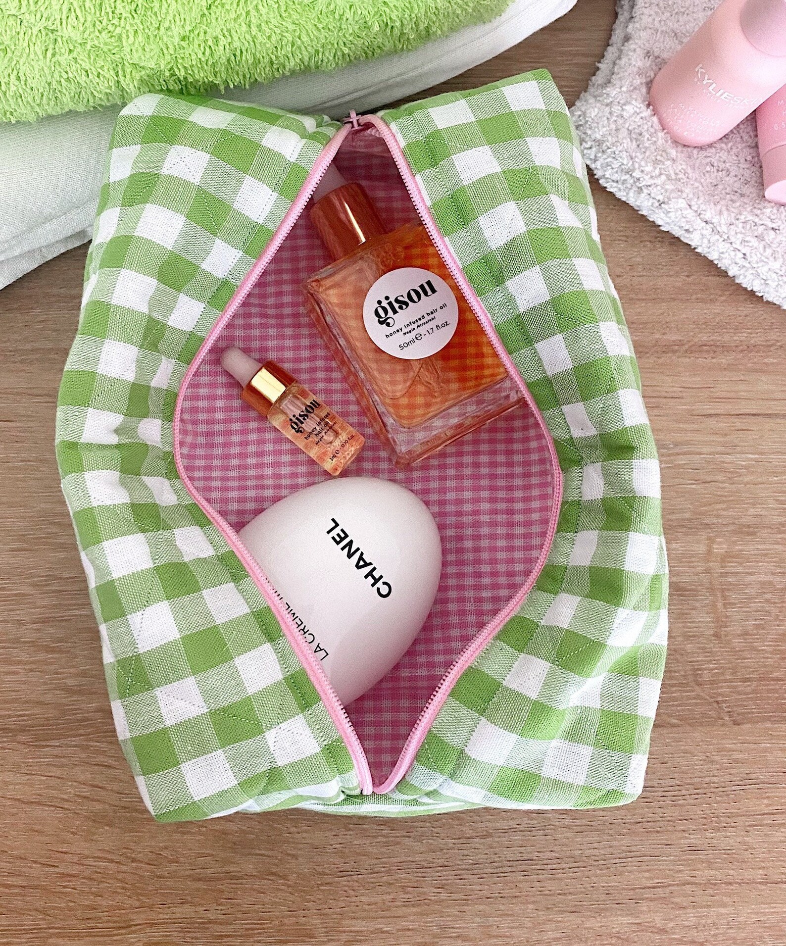 Makeup Bag Quilted Cosmetics Bag Green Gingham Toiletry Etsy