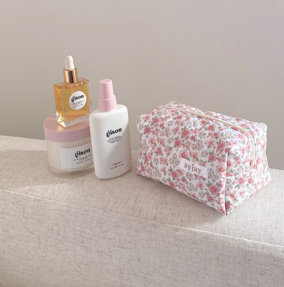 Makeup Bag Quilted Cosmetics Bag Cream Pink Floral -